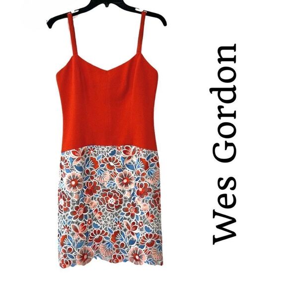 Wes Gordon Colorblock Floral Embroidered Coral/Aqua Mini Dress Sz 4 EUC - Picture 1 of 9